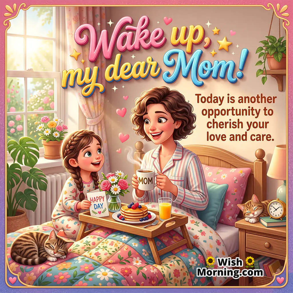 Wake Up My Dear Mom Morning Message featuring a cheerful mother and daughter enjoying breakfast in bed with flowers, pancakes, and cozy morning decor symbolizing love, care, and warm family bonding.