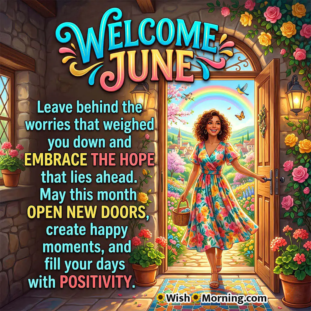Welcome June New Doors Quote Image featuring a cheerful woman stepping through an open doorway into a colorful flower-filled world with a rainbow in the distance symbolizing hope, positivity, and fresh opportunities.