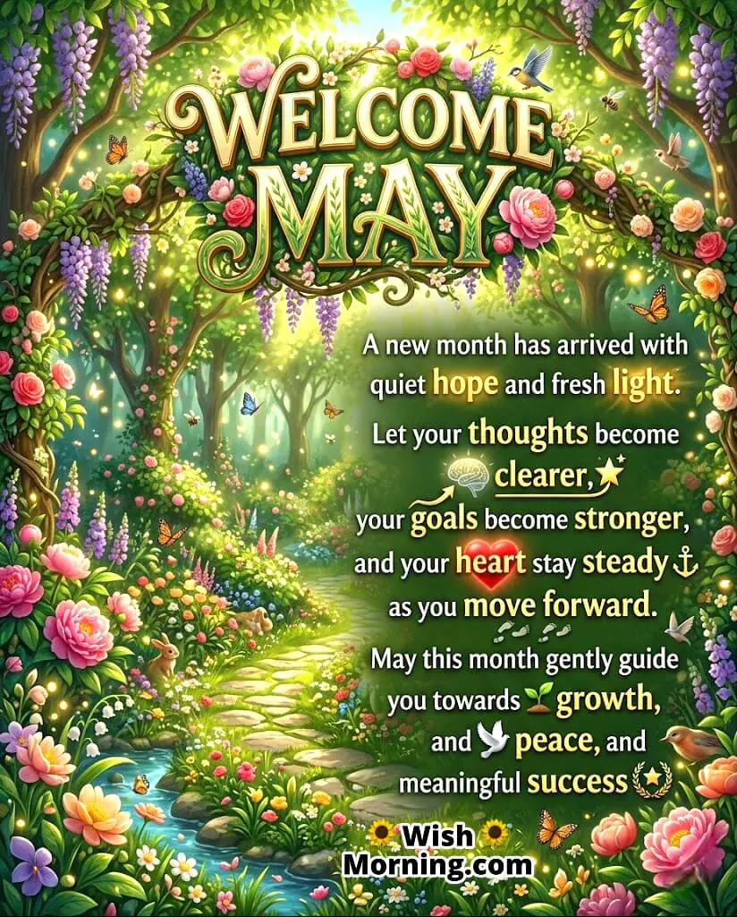 Welcome May Fresh Beginnings Message Image featuring soft sunrise, blooming flowers, and gentle light symbolizing hope, clarity, growth, and a positive new start.
