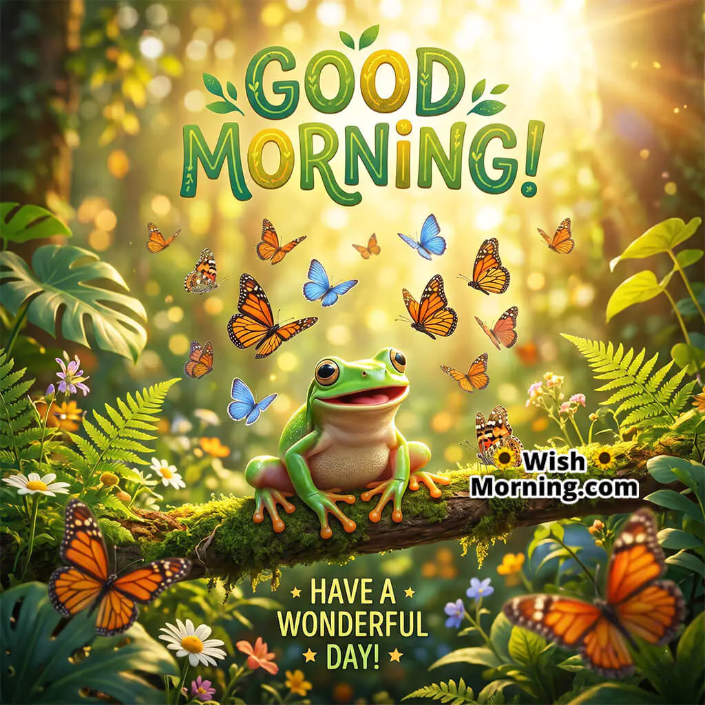Wonderful Good Morning Frog and Butterfly Greeting Image featuring a cheerful frog sitting on a forest branch surrounded by flying butterflies and glowing sunlight, symbolizing freedom, happiness, and beautiful new beginnings.