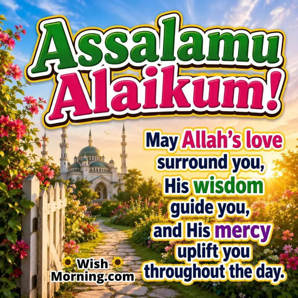 Assalamu Alaikum Islamic Blessings Quote featuring a garden walkway, mosque and sunrise landscape symbolizing Allah’s love, wisdom and mercy.
