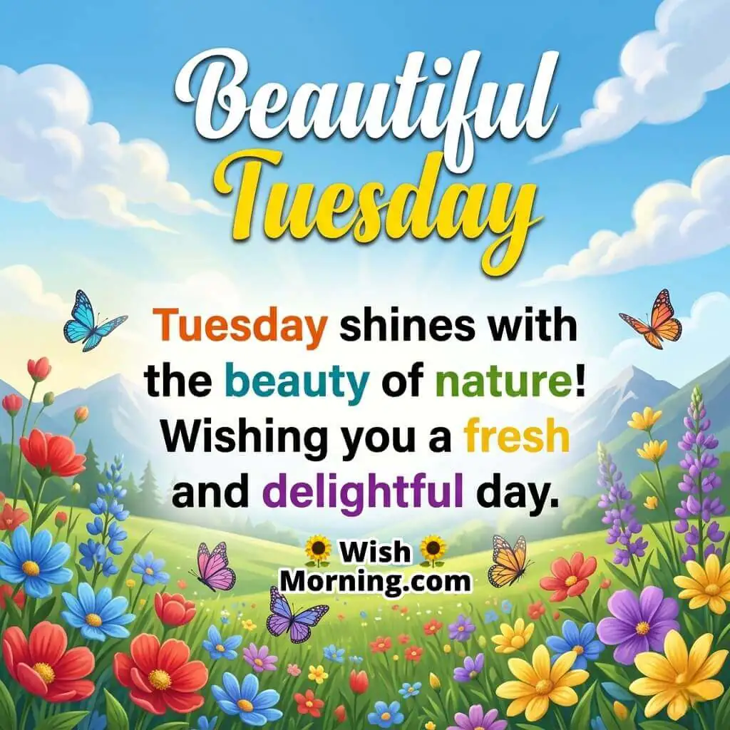 Beautiful Tuesday message image featuring colourful flowers, butterflies, rolling green hills, and bright sunshine, symbolising freshness, beauty, and a delightful day.