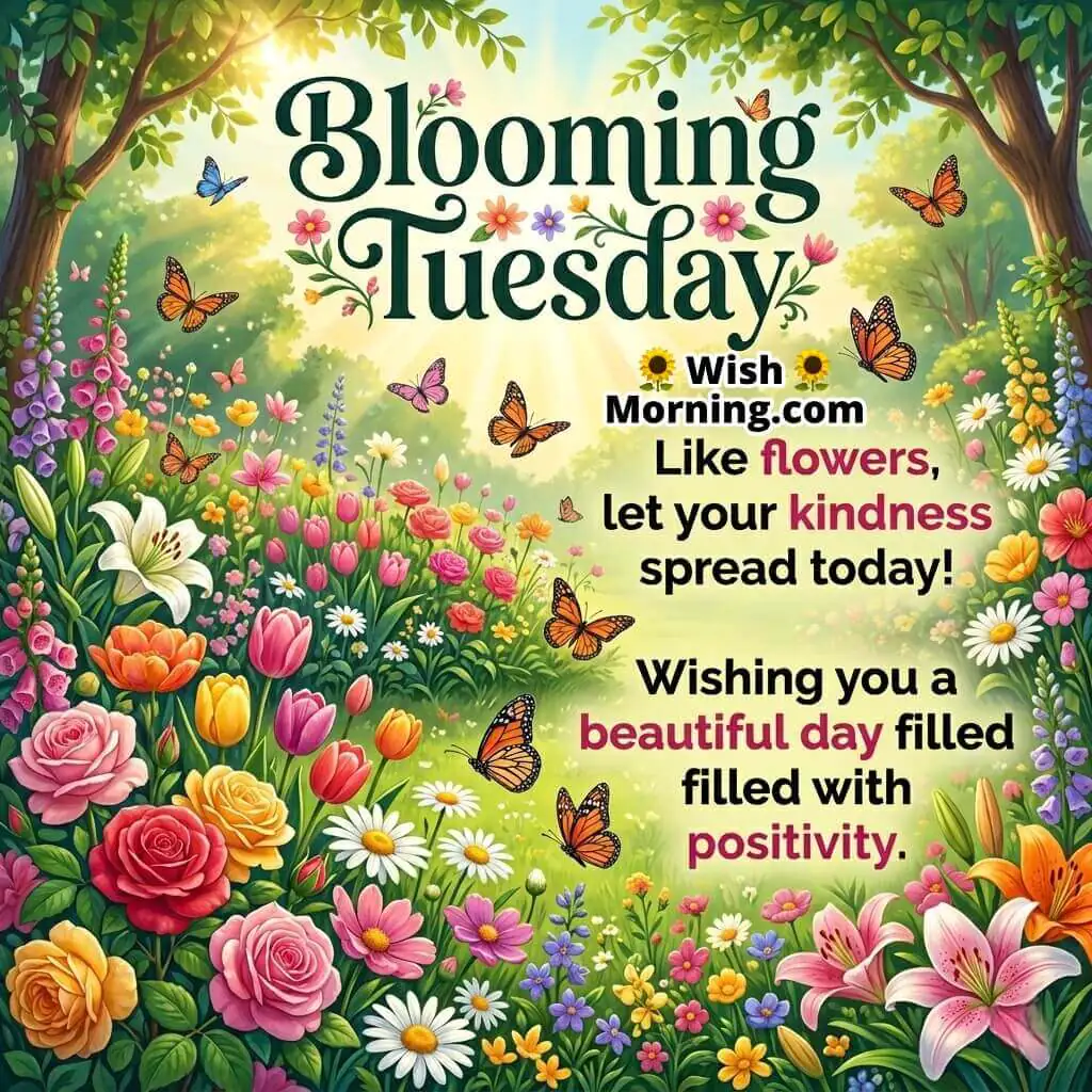 Blooming Tuesday message image showing a vibrant flower garden filled with roses, lilies, butterflies, and morning sunlight, symbolising kindness, positivity, and joyful moments.