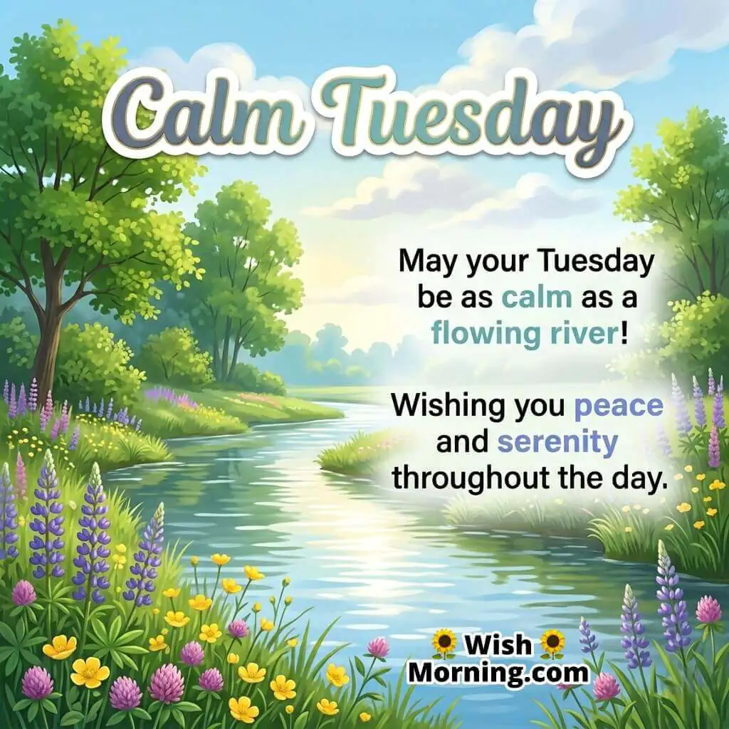 Calm Tuesday message image showing a serene flowing river surrounded by green trees and blooming flowers, symbolising peace, calmness, and serenity.