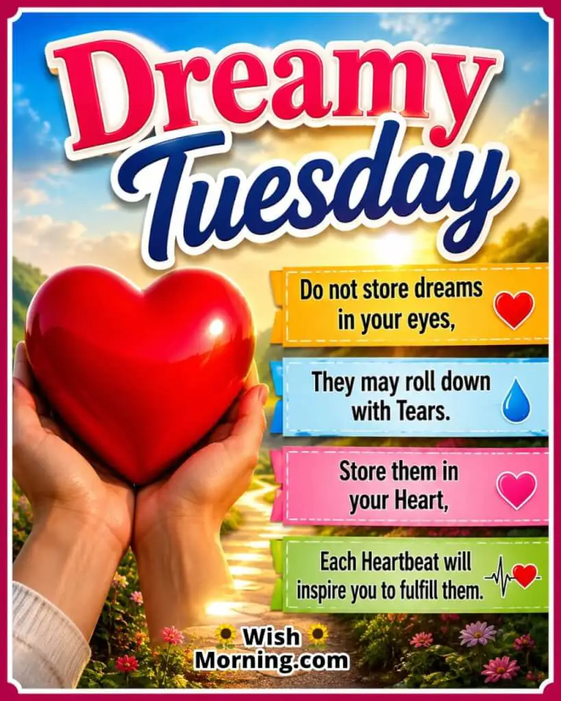 Dreamy Tuesday Heartfelt Morning Message Image featuring hands holding a bright red heart along a flower-lined pathway at sunrise with warm golden light and colourful blooms, symbolizing hope, dreams, love, inspiration, and keeping heartfelt aspirations alive.