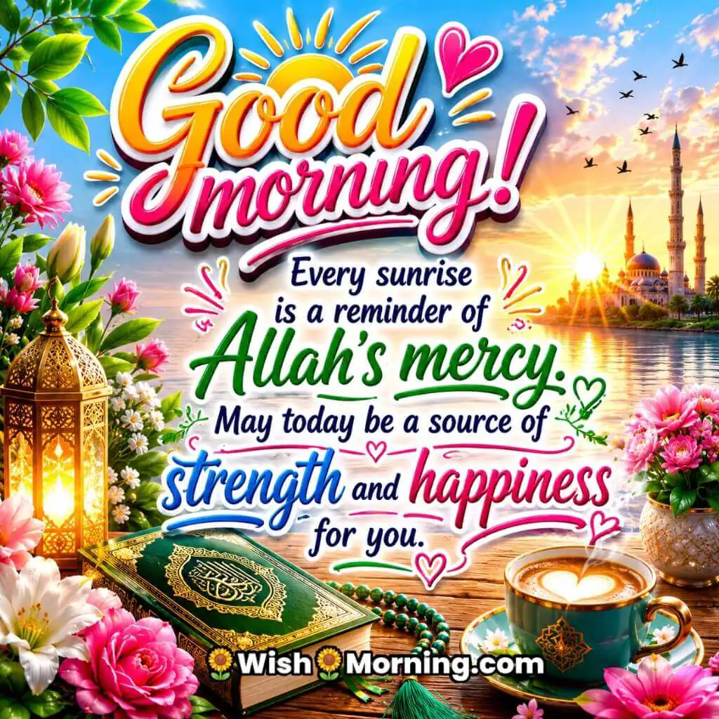 Good Morning Allah Mercy Quote Image featuring a Quran, prayer beads, flowers and sunrise mosque view symbolizing strength, happiness and divine mercy.