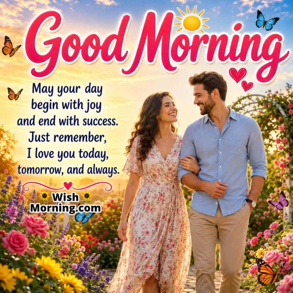 Good Morning Always Love You Wish Image featuring happy couple walking through sunrise garden symbolizing lasting love and happiness