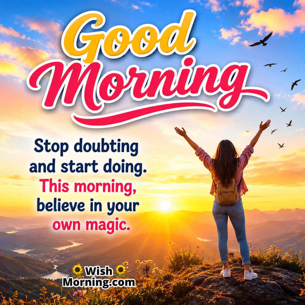 Good Morning Believe in Yourself Motivation Quote featuring confident woman on sunrise hilltop symbolizing courage and self-belief