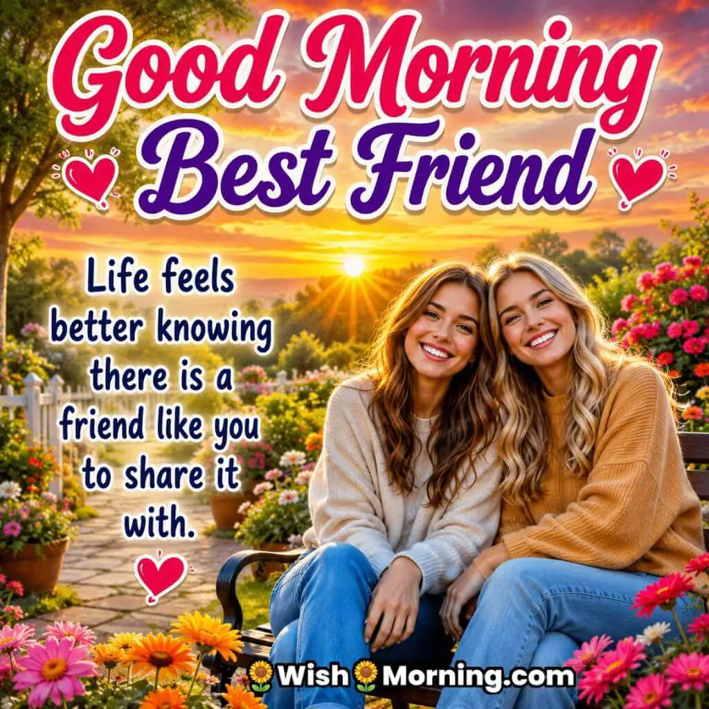 Good Morning Best Friend Appreciation Quote Image featuring smiling friends in a sunrise garden symbolizing companionship and gratitude