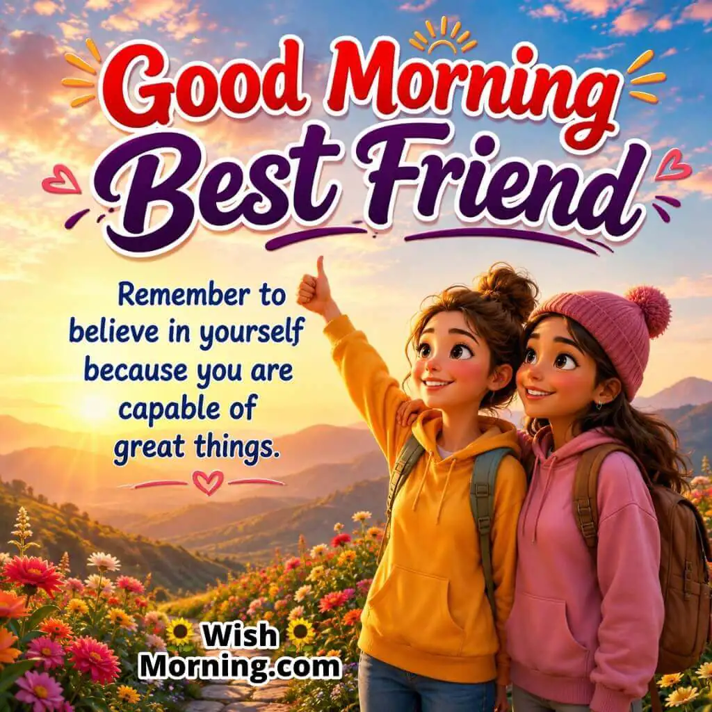 Good Morning Best Friend Believe in Yourself Message featuring supportive friends in a sunrise landscape symbolizing confidence and motivation