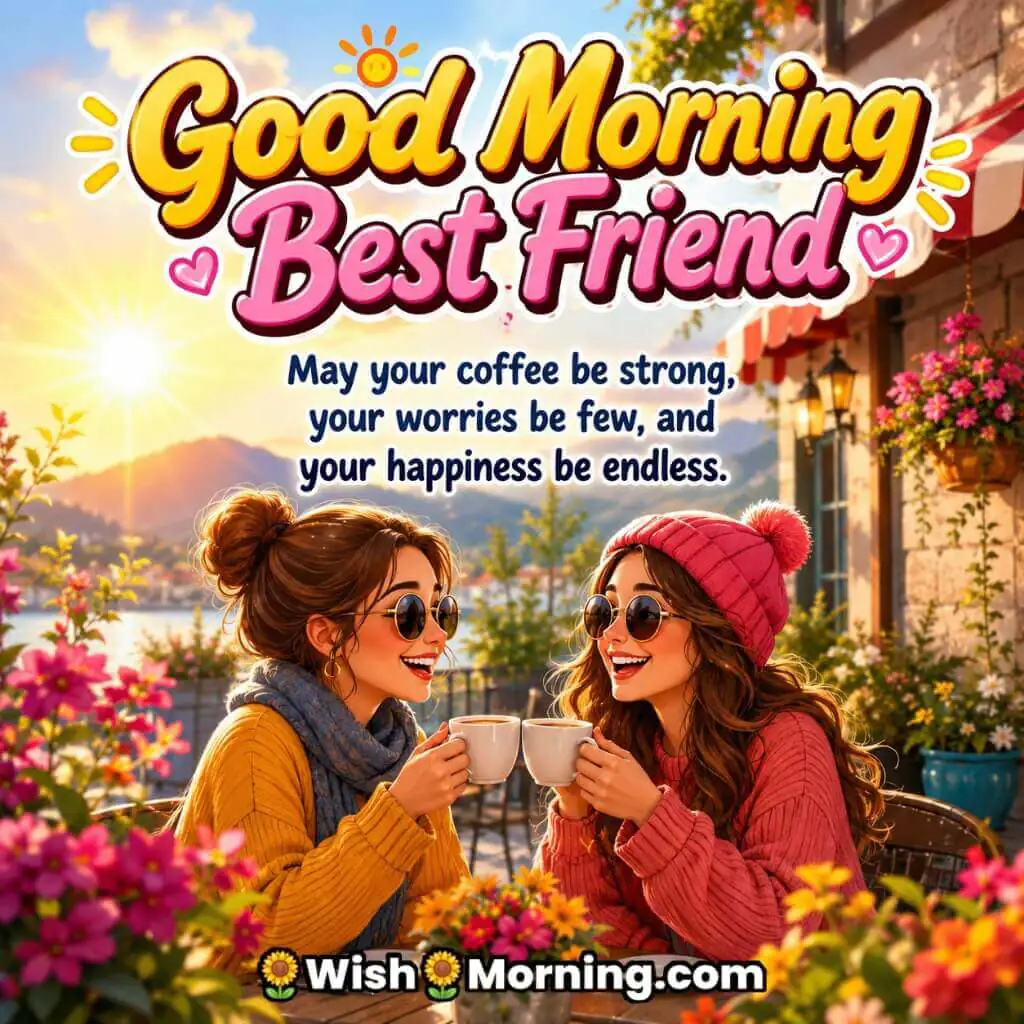 Good Morning Best Friend Coffee Message Image featuring friends enjoying coffee at sunrise symbolizing happiness and relaxation