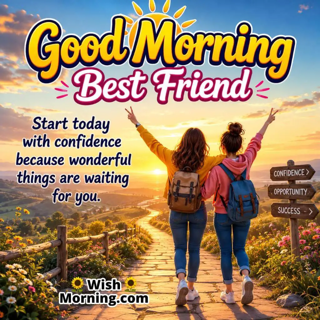 Good Morning Best Friend Confidence Message featuring friends on a sunrise pathway symbolizing optimism and opportunity