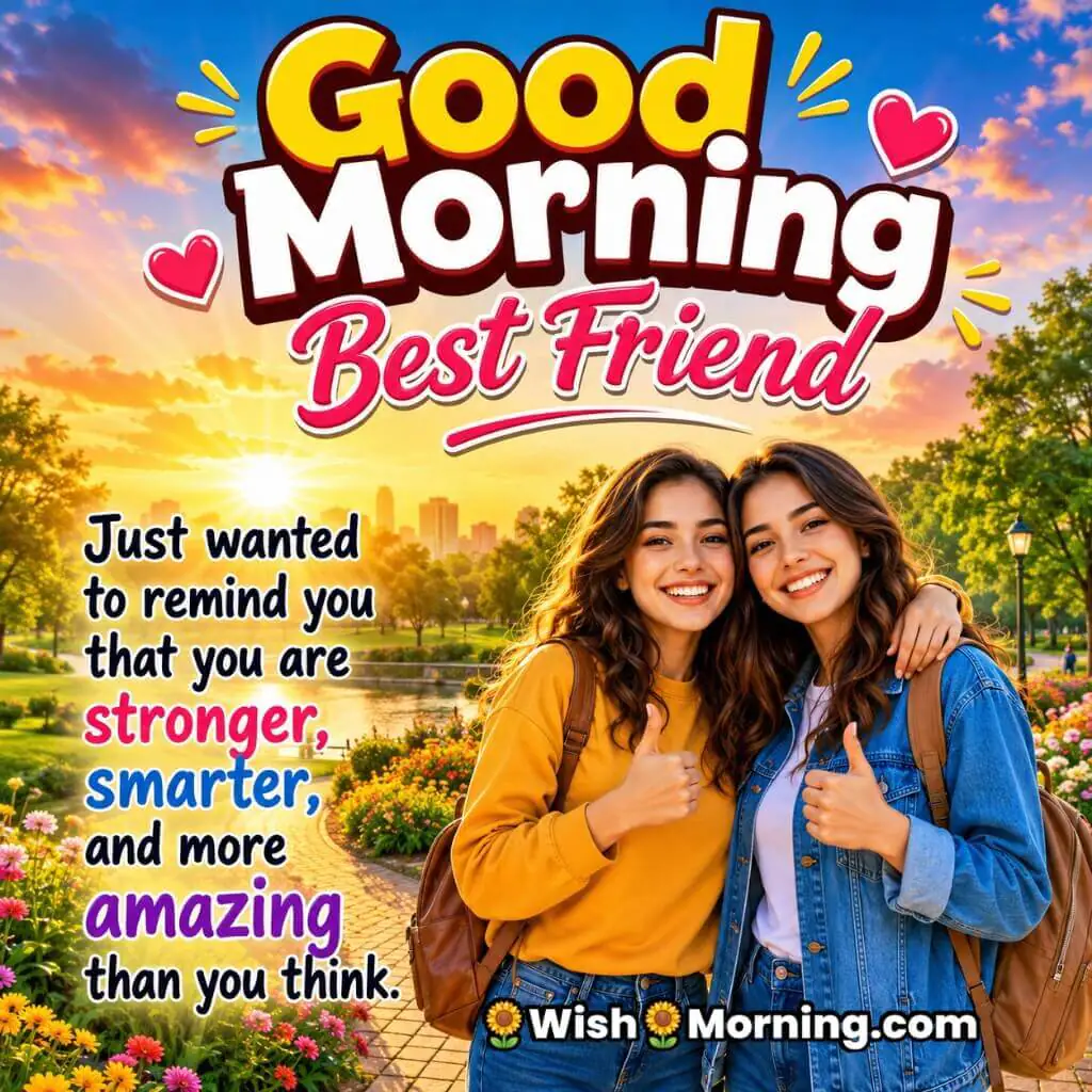 Good Morning Best Friend Encouragement Message Image featuring supportive friends beneath a sunrise sky symbolizing confidence and friendship