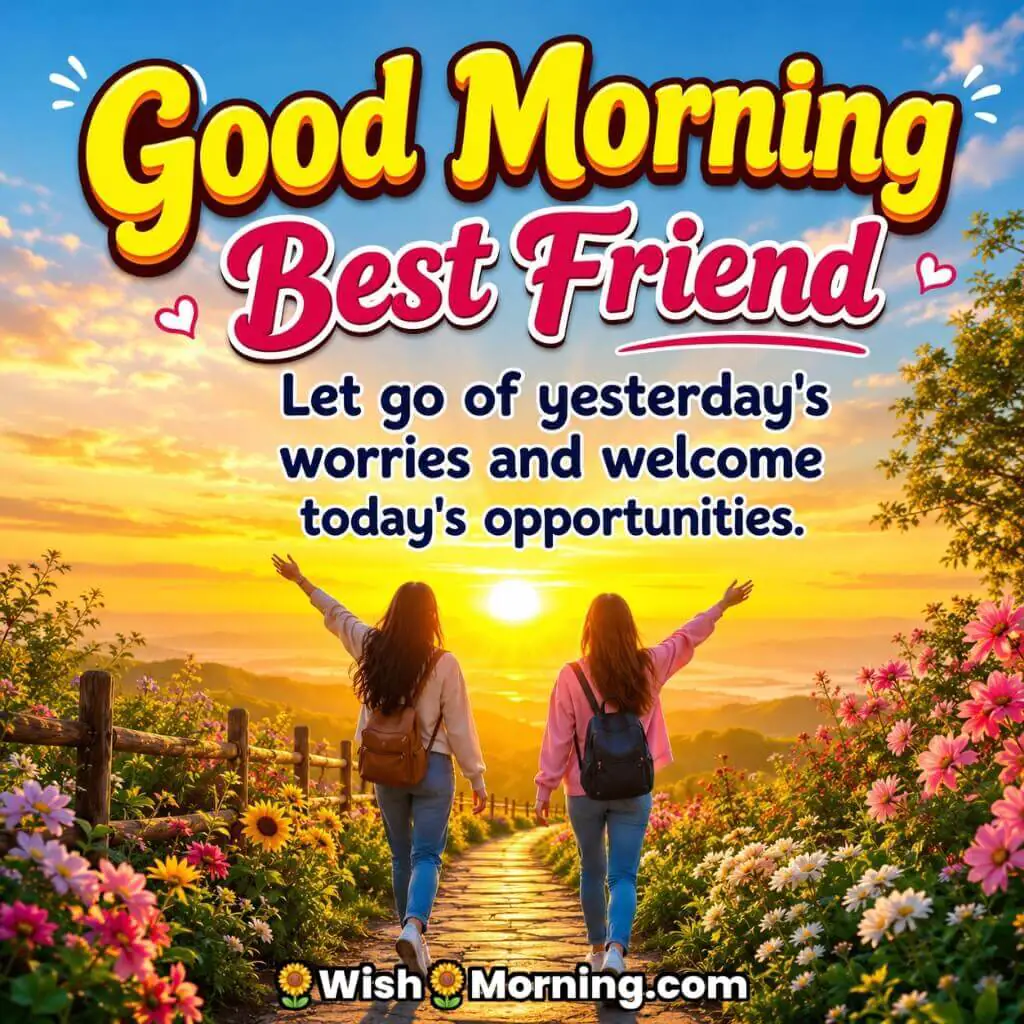 Good Morning Best Friend Fresh Start Message featuring friends walking toward a sunrise horizon symbolizing renewal and hope