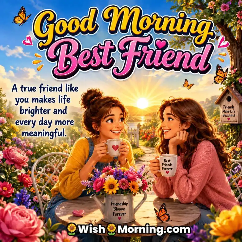 Good Morning Best Friend Meaningful Friendship Message featuring cheerful friends in a colorful sunrise garden symbolizing happiness and companionship