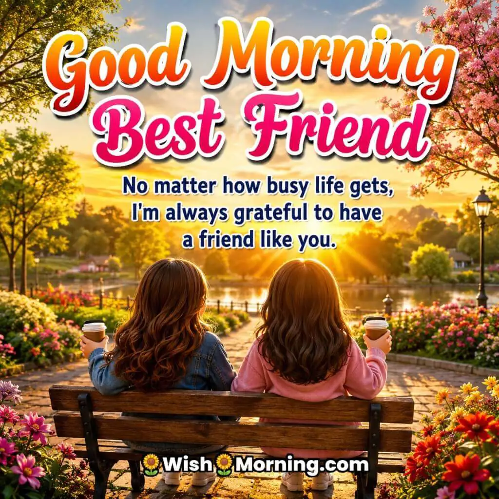 Good Morning Best Friend Gratitude Message featuring friends sharing a peaceful sunrise moment symbolizing appreciation and friendship