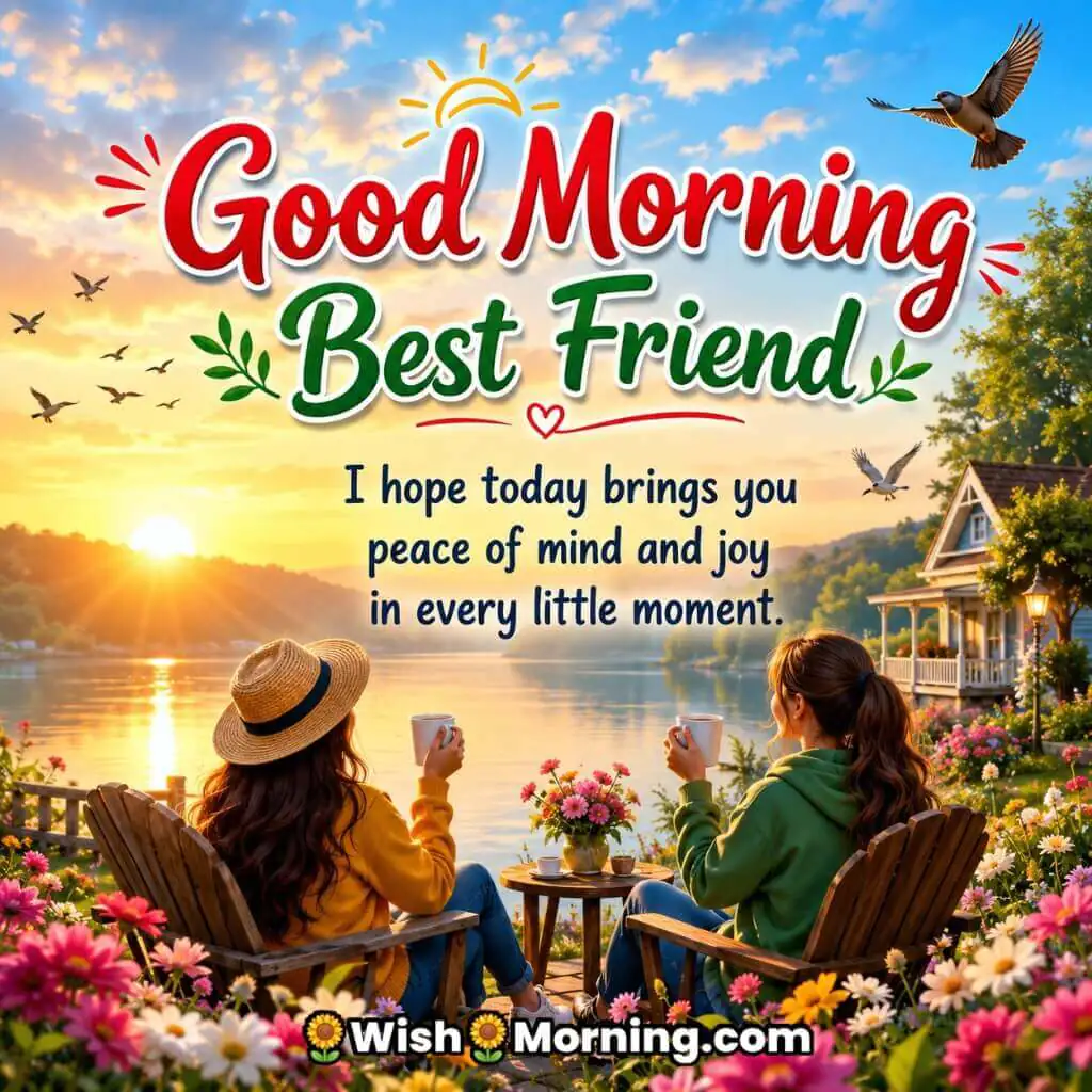 Good Morning Best Friend Peaceful Morning Message featuring friends relaxing beside a sunrise lake symbolizing peace and happiness