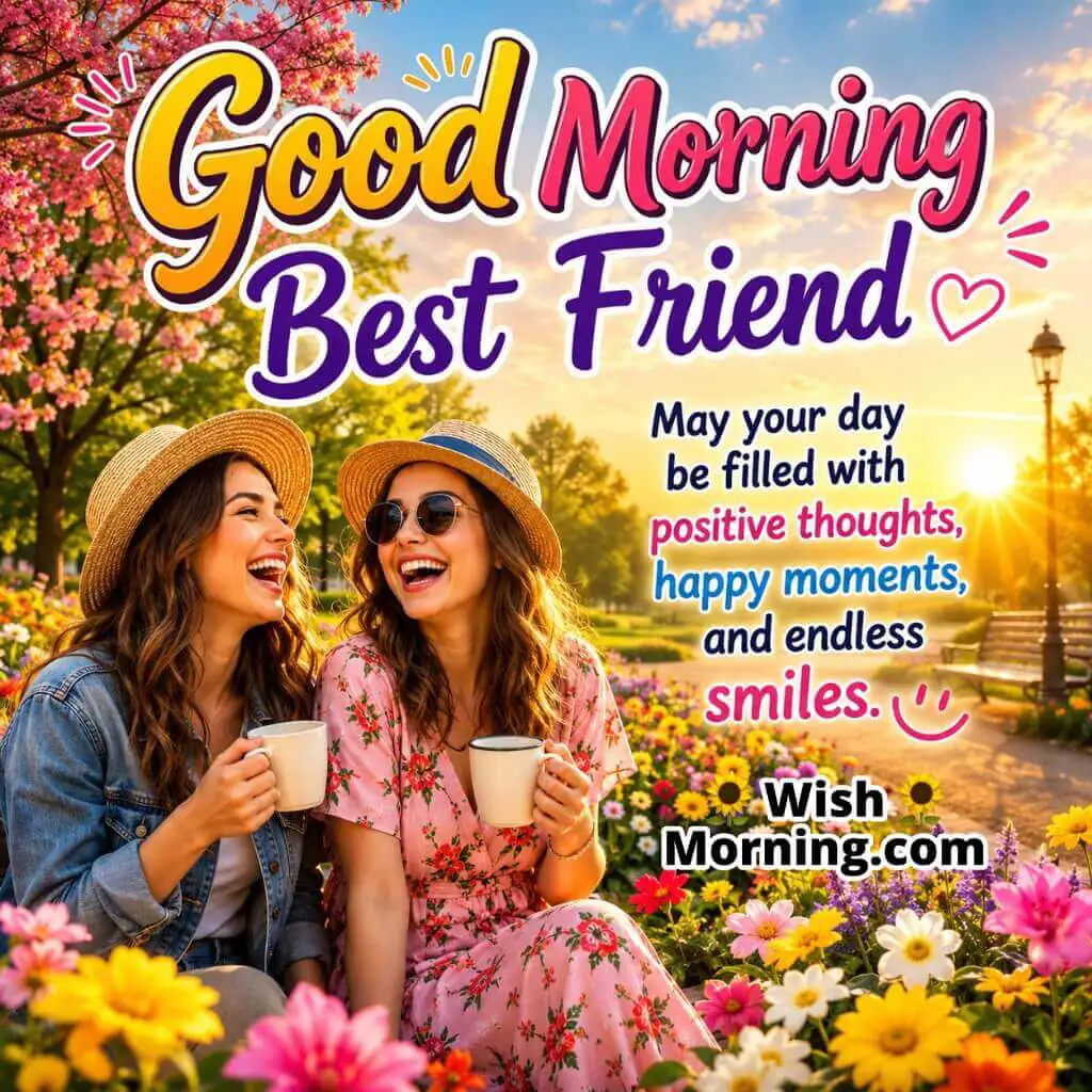 Good Morning Best Friend Positive Day Message featuring happy friends enjoying a colorful sunrise morning symbolizing joy and optimism