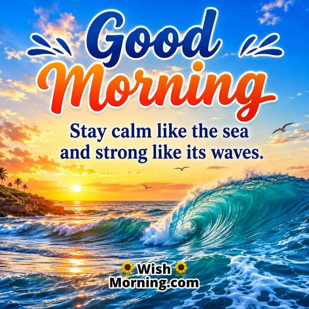 Good Morning Calm and Strong Ocean Quote featuring peaceful sea and powerful waves at sunrise symbolizing resilience and inner strength