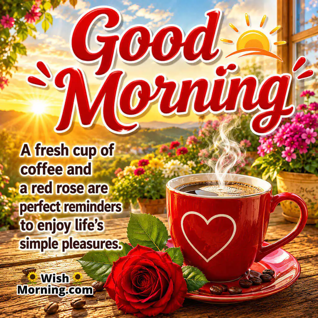 Good Morning Coffee and Red Rose Message featuring a steaming coffee cup beside a fresh red rose in warm sunrise light symbolizing simple joys and gratitude