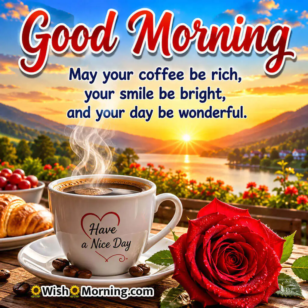 Good Morning Coffee and Rose Happiness Wish featuring a steaming coffee cup and blooming red rose symbolizing happiness and positivity