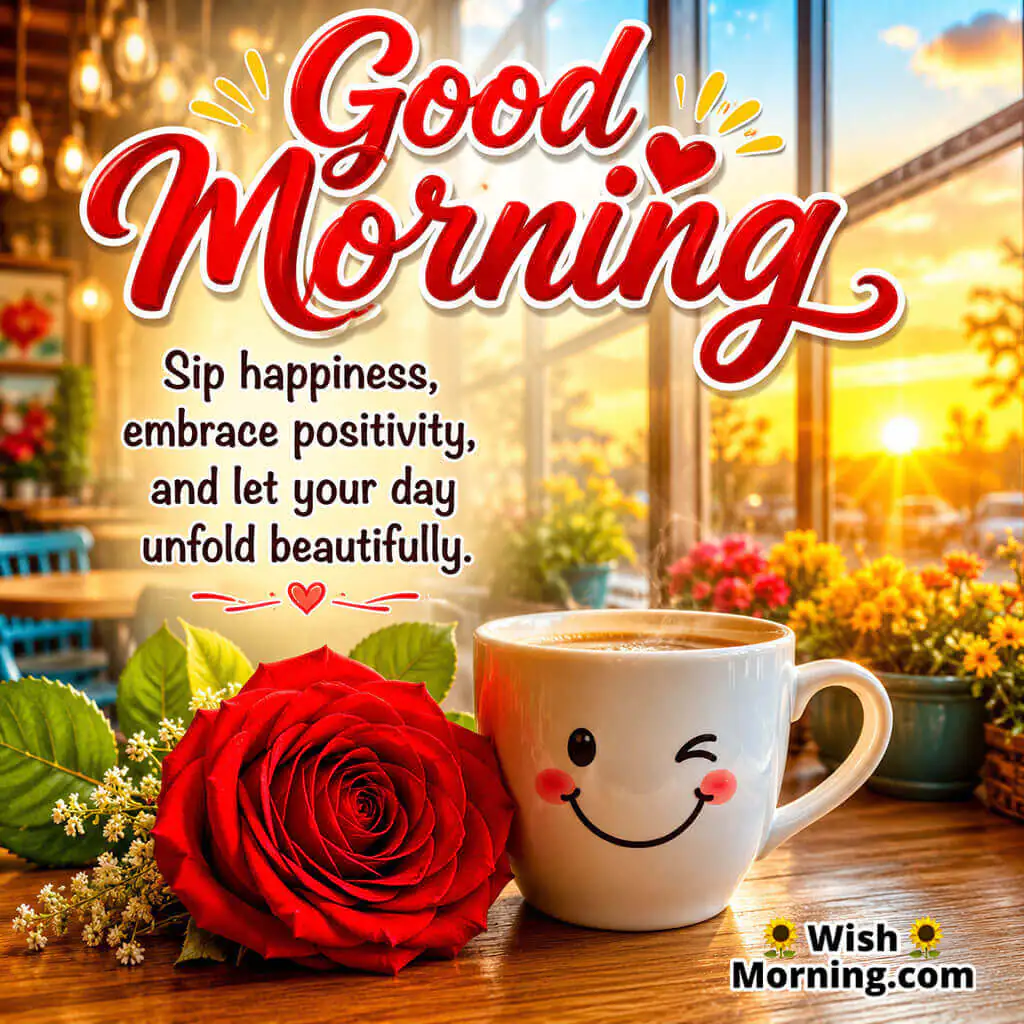 Good Morning Coffee and Rose Positivity Quote featuring coffee and a red rose in a bright morning setting symbolizing happiness and optimism
