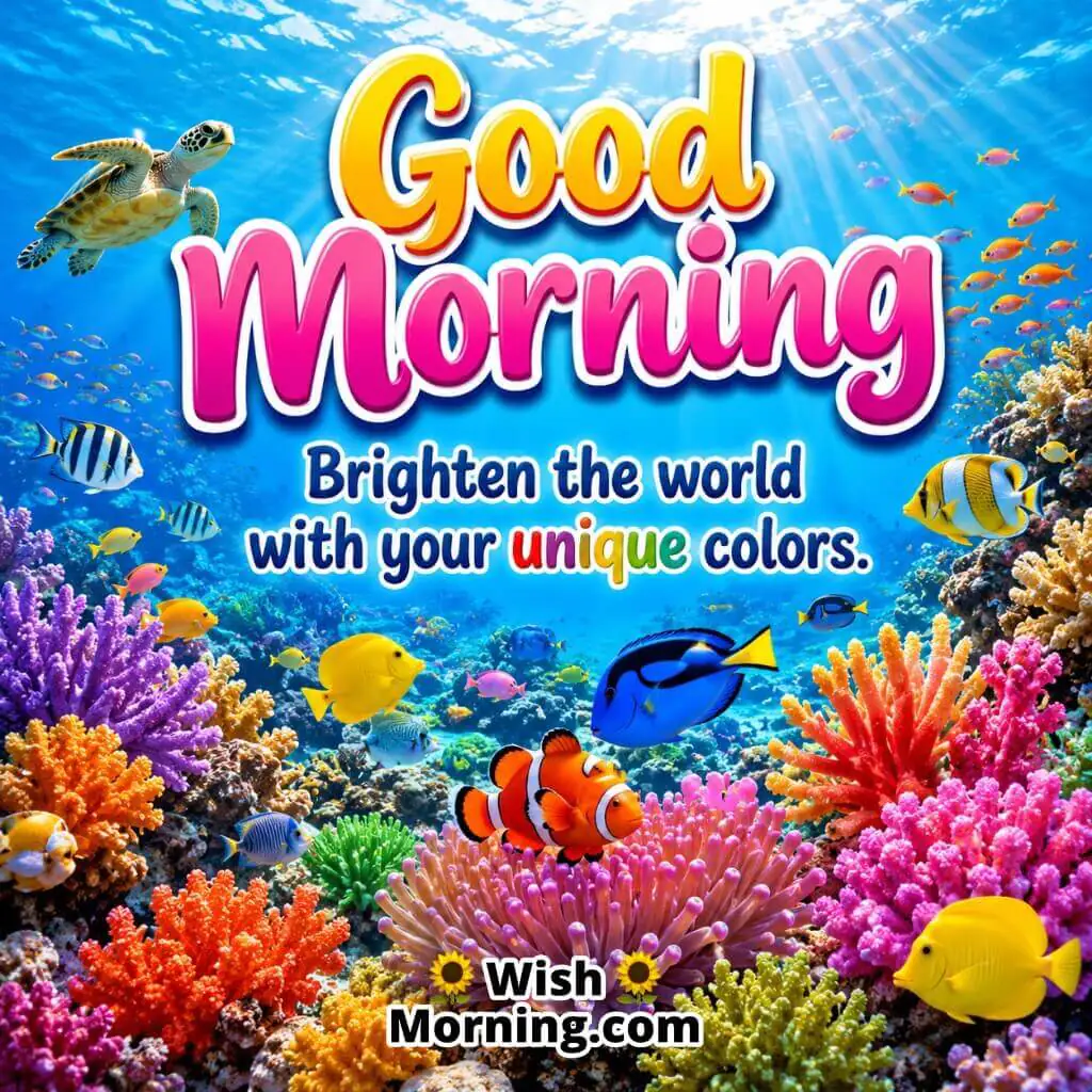 Good Morning Coral Reef Colors Quote Image featuring vibrant coral reefs and colorful fish symbolizing uniqueness and positivity