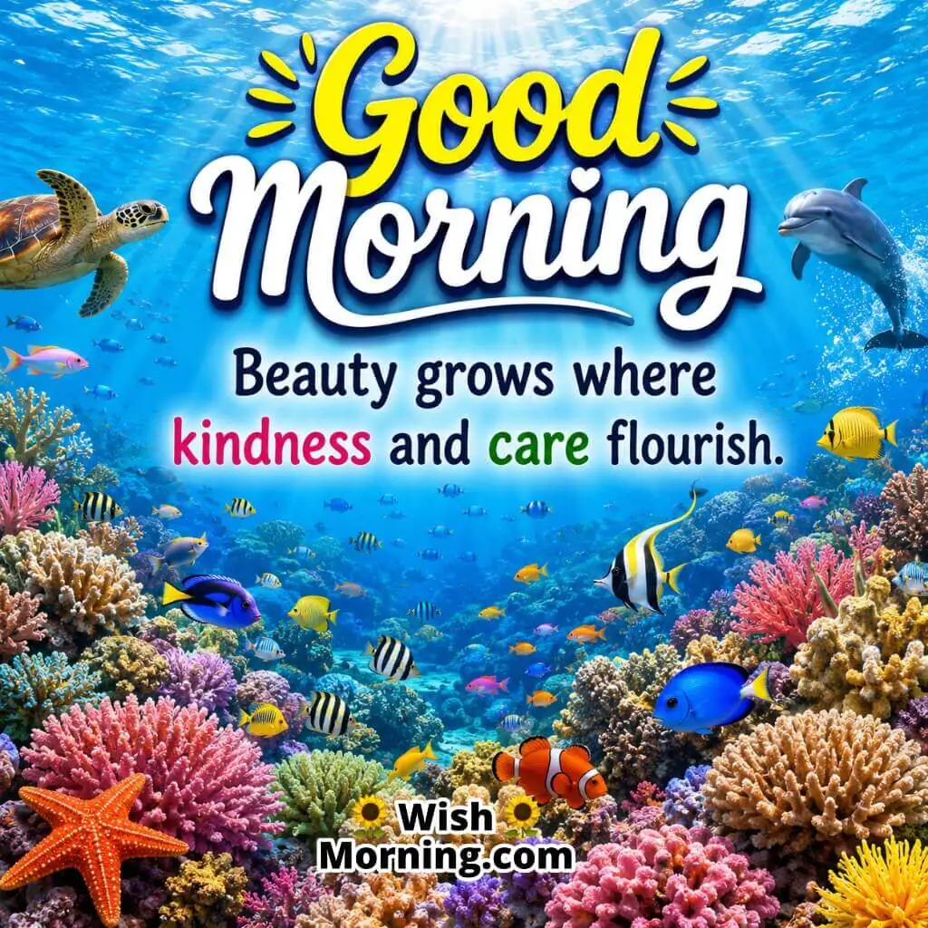 Good Morning Coral Reef Kindness Quote featuring thriving coral reef ecosystem symbolizing growth, care, and beauty