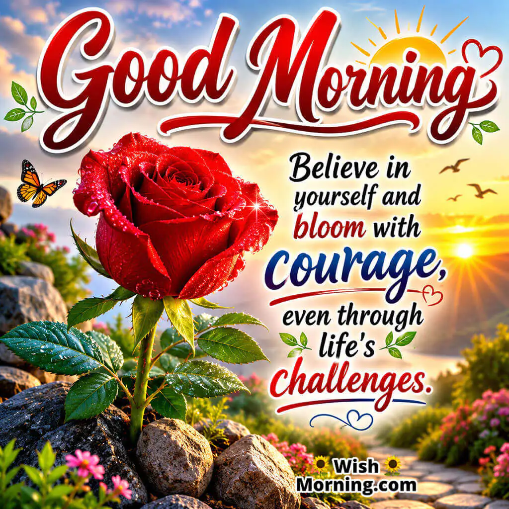 Good Morning Courageous Red Rose Quote featuring a strong blooming rose in sunrise light symbolizing resilience and courage