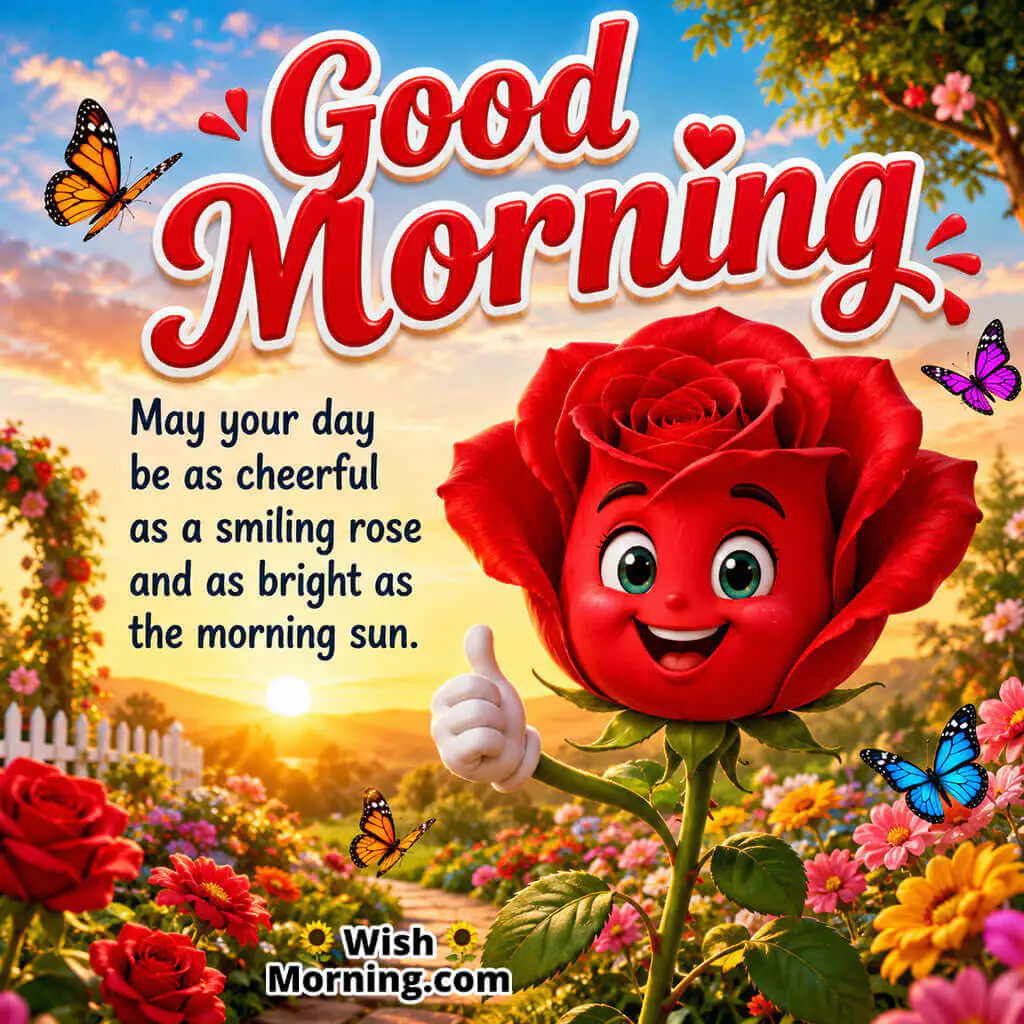 Good Morning Cute Red Rose Happiness Quote featuring a smiling red rose character in a colorful sunrise garden symbolizing joy and positivity