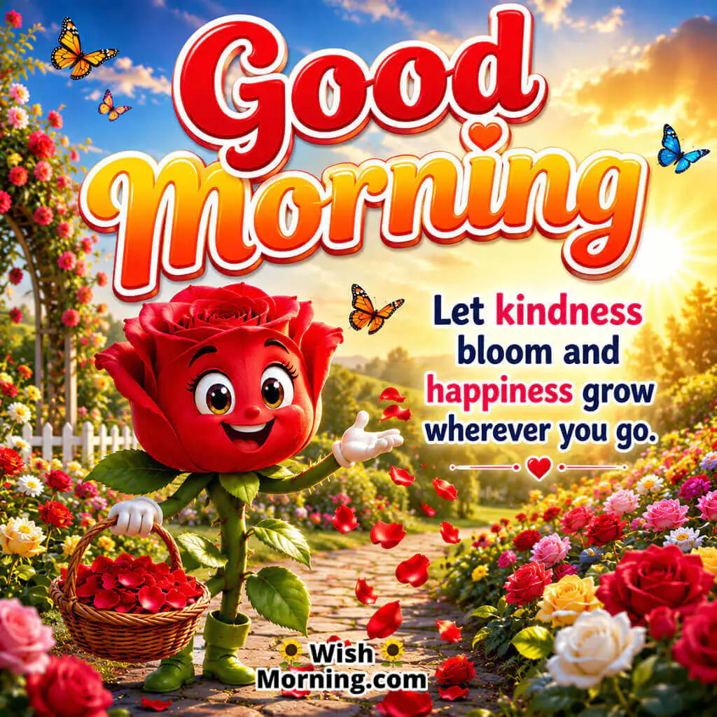 Good Morning Cute Red Rose Kindness Quote featuring a smiling rose character spreading petals in a sunrise garden symbolizing kindness and happiness 