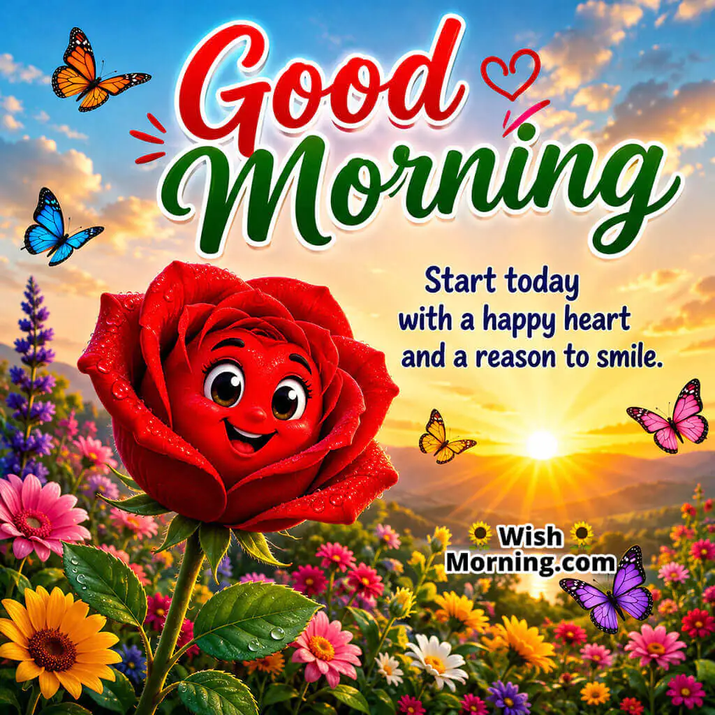 Good Morning Cute Rose Smile Message featuring a cheerful red rose character surrounded by colorful flowers symbolizing happiness and optimism