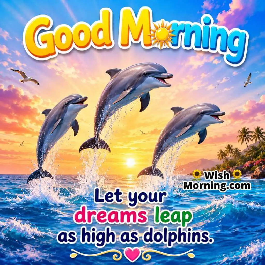 Good Morning Dolphin Dreams Inspiration Quote featuring dolphins leaping above sunrise ocean waves symbolizing freedom and ambition