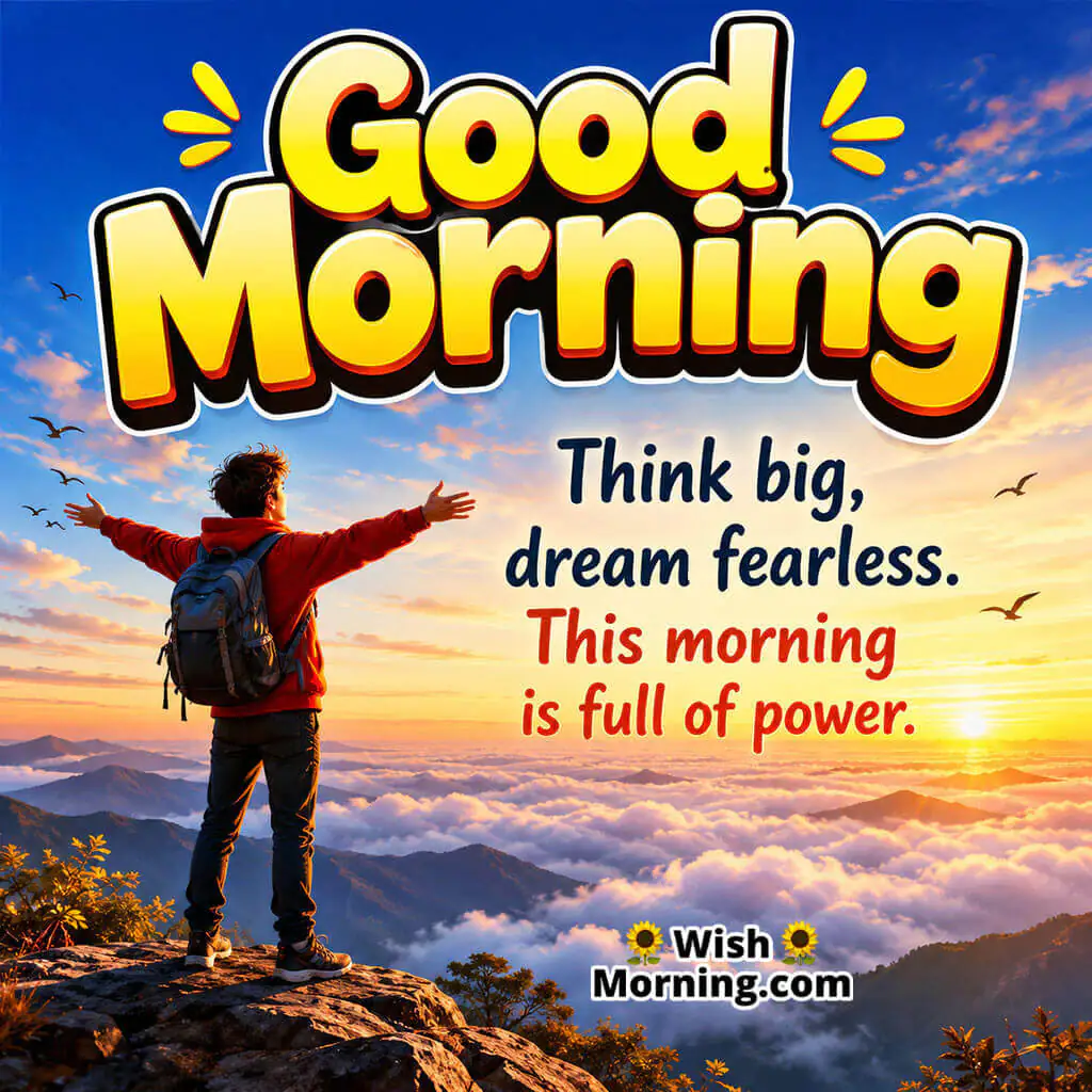 Good Morning Dream Big Motivation Quote featuring confident person above the clouds at sunrise symbolizing ambition and courage
