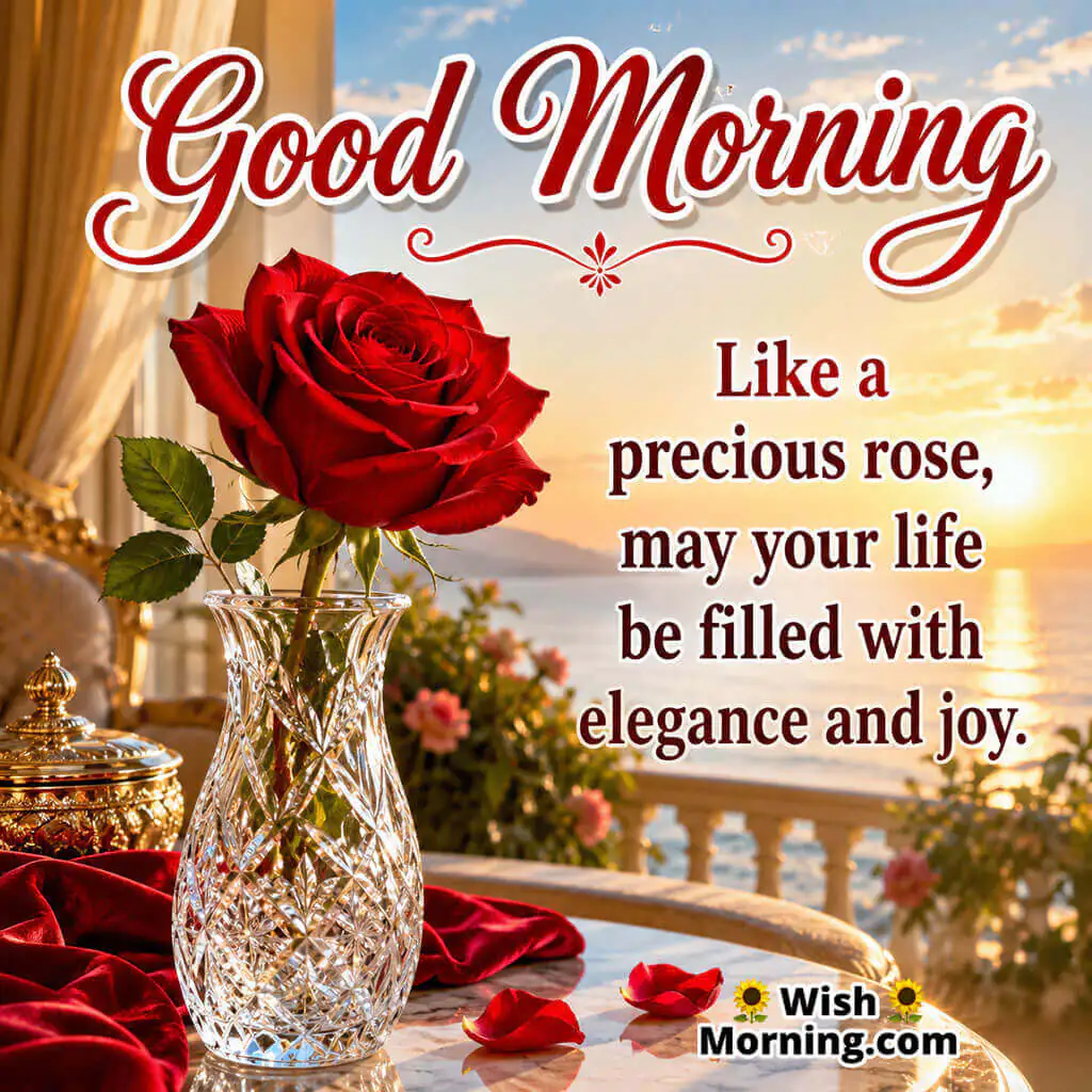 Good Morning Elegant Red Rose Message featuring a premium red rose in a crystal vase symbolizing elegance and happiness 