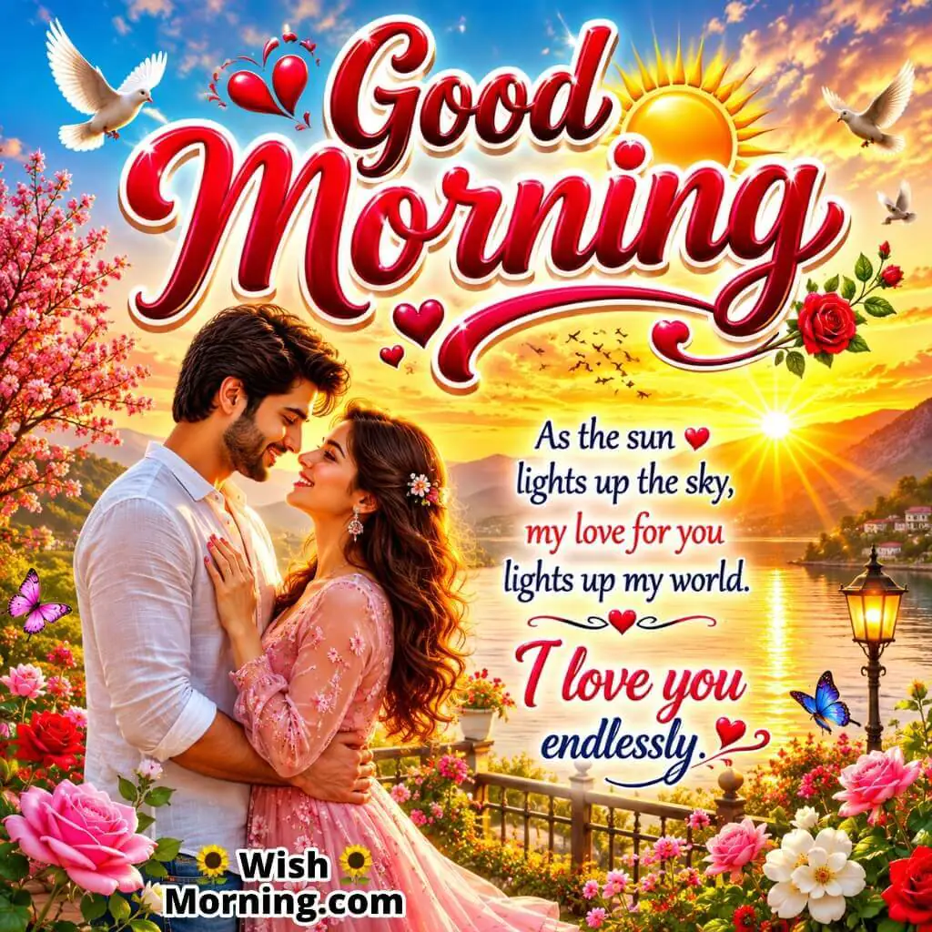 Good Morning Endless Love Message Photo featuring couple beneath glowing sunrise sky symbolizing endless love and warmth