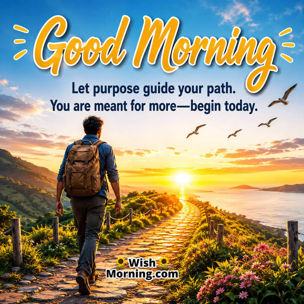 Good Morning Follow Your Dreams Quote featuring traveler walking toward sunrise horizon symbolizing purpose and determination