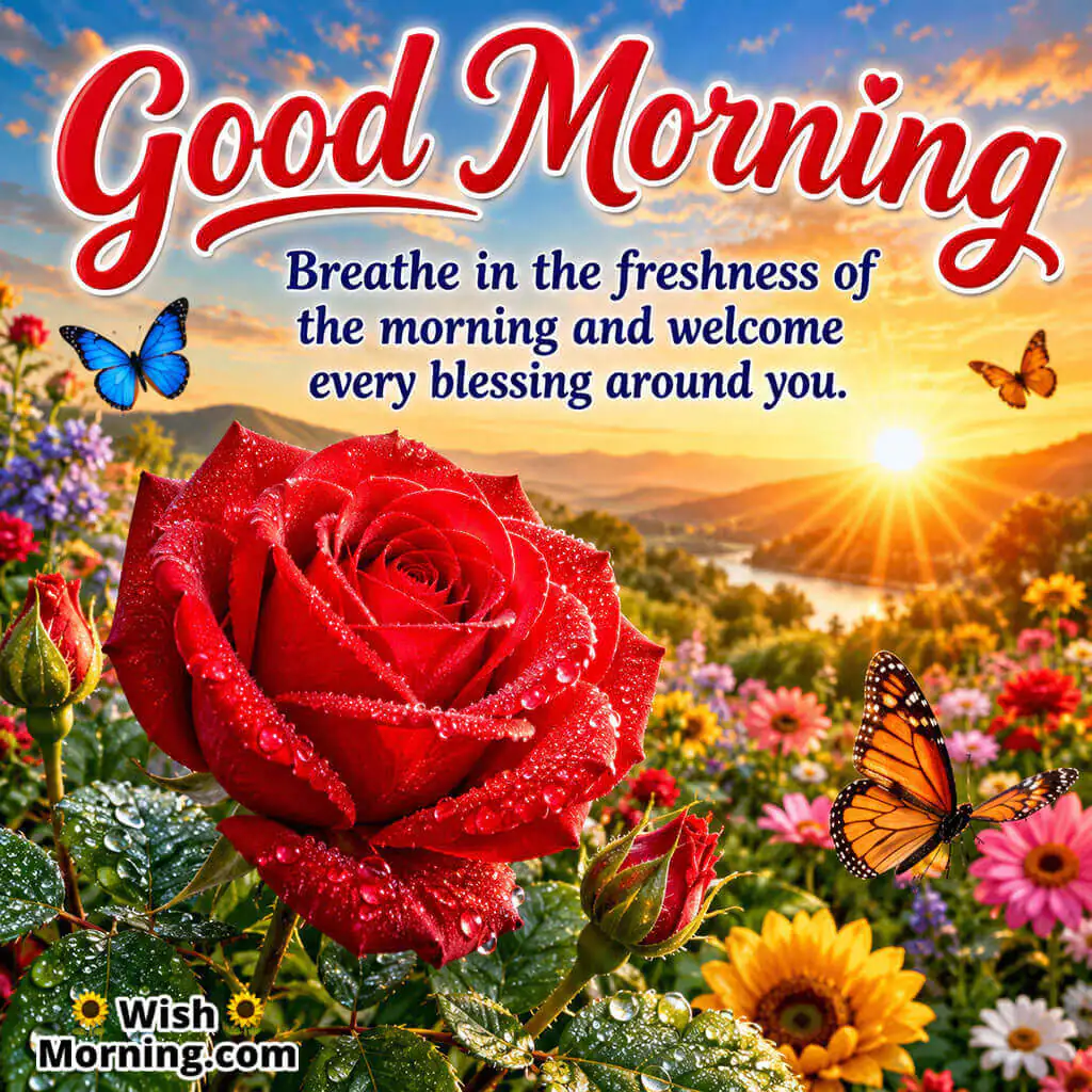 Good Morning Fresh Red Rose Blessing Quote featuring a dew-covered rose in a colorful sunrise garden symbolizing freshness and gratitude