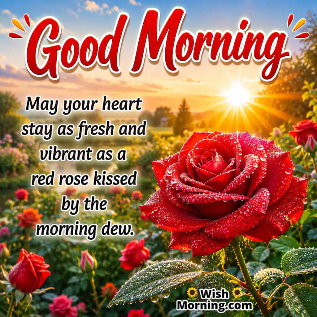 Good Morning Fresh Red Rose Wish Image featuring a vibrant dew-covered rose in sunrise light symbolizing freshness and joy 