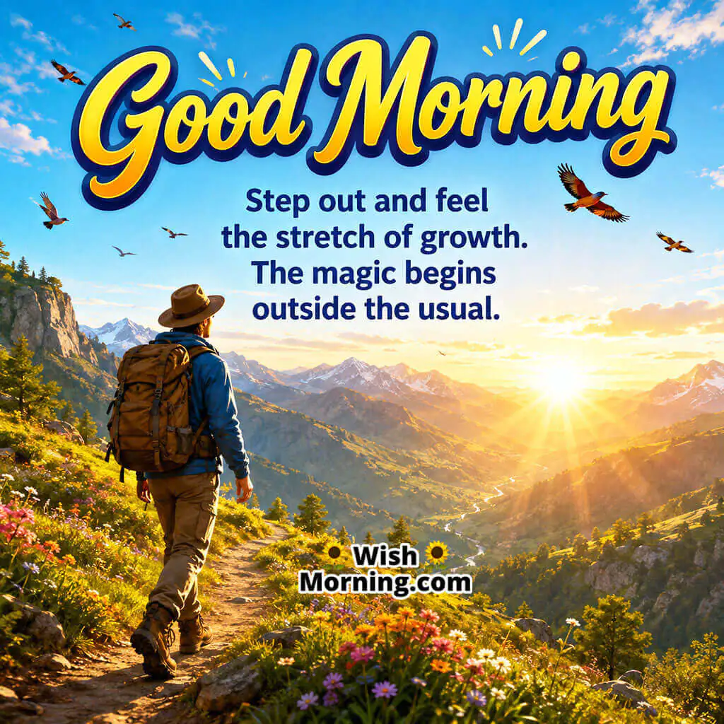 Good Morning Growth and Success Inspirational Message featuring adventurer stepping onto a new sunrise trail symbolizing courage and personal growth