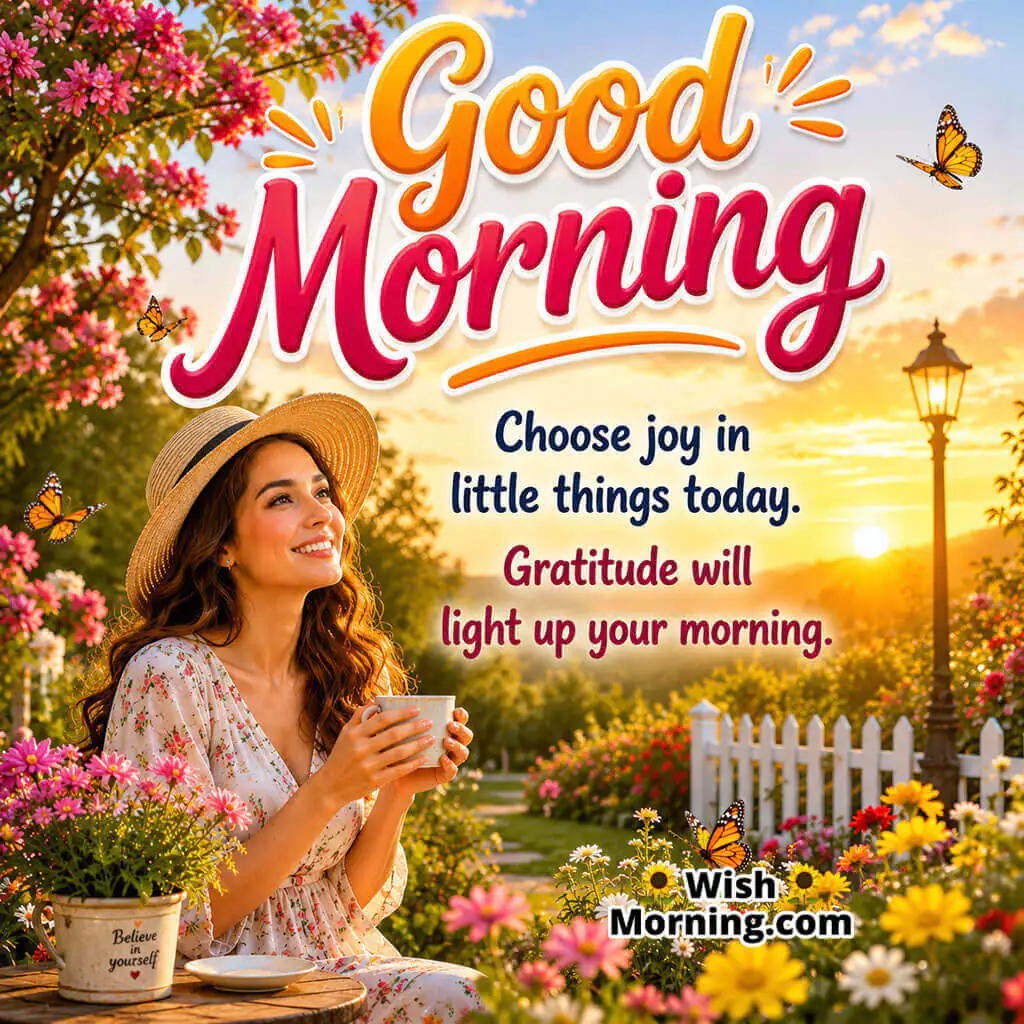 Good Morning Happiness and Gratitude Quote featuring smiling woman in colorful sunrise garden symbolizing joy and thankfulness