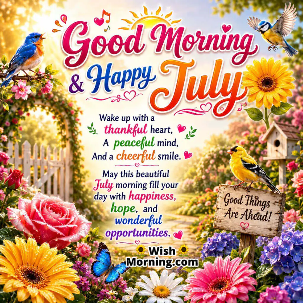 Good Morning Happy July Greeting Image featuring a peaceful flower garden, sparkling morning dew, cheerful birds, and golden sunrise symbolizing gratitude, happiness, and new opportunities.