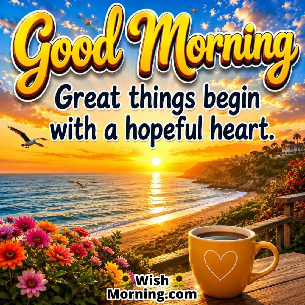 Good Morning Hopeful Ocean Sunrise Quote featuring golden sunrise reflecting across calm ocean waters symbolizing hope and positivity