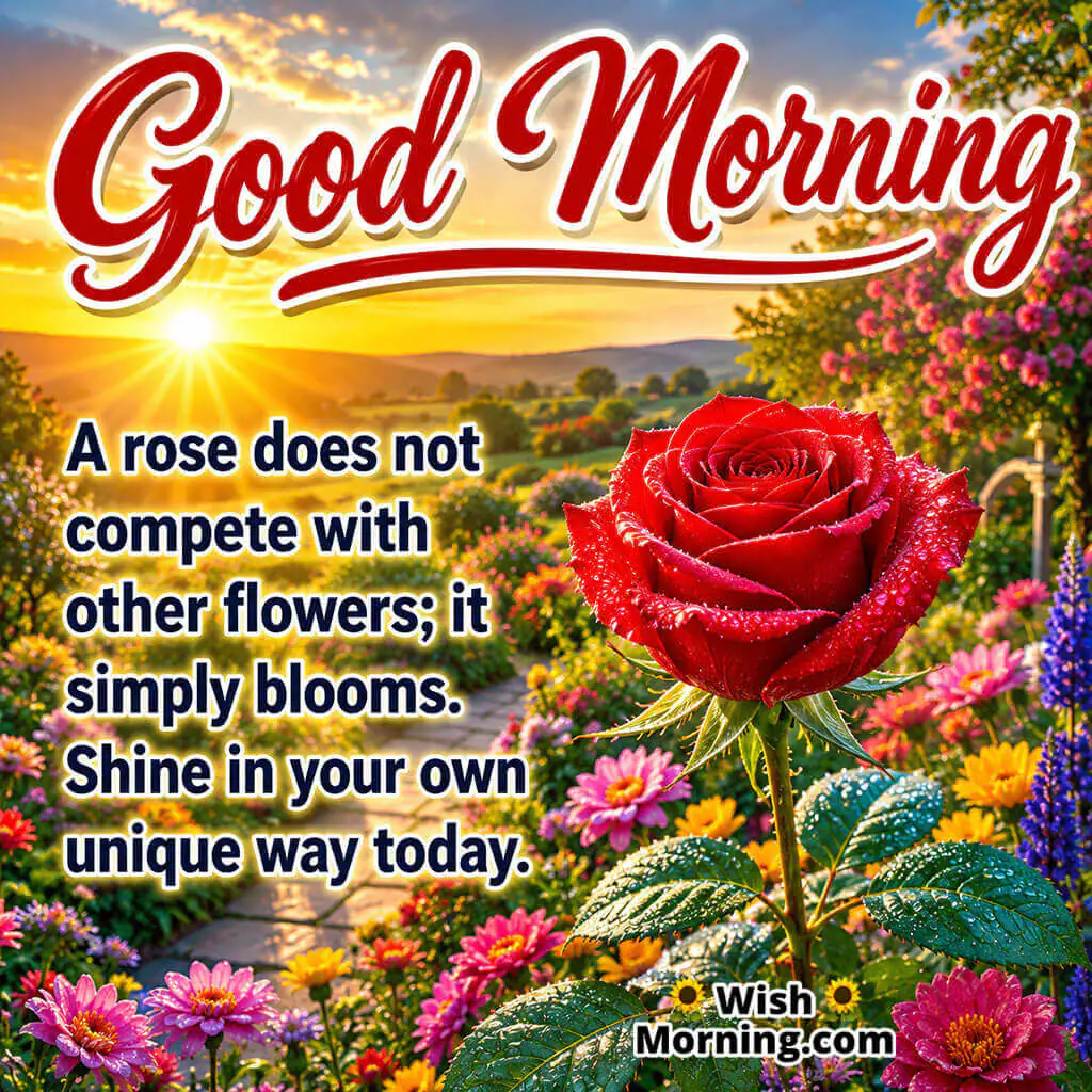 Good Morning Inspirational Red Rose Quote featuring a blooming red rose in a colorful sunrise garden symbolizing confidence and individuality