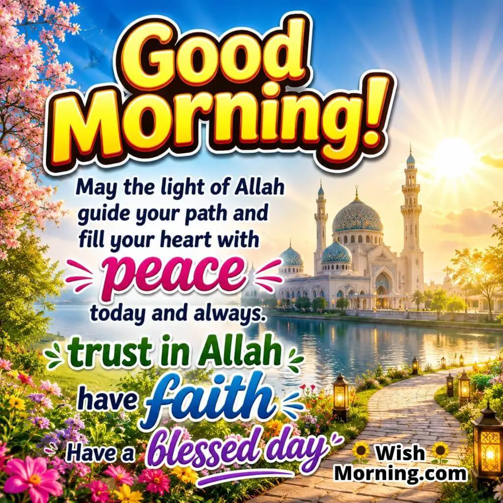 Good Morning Islamic Blessings Image featuring a lakeside mosque, sunrise, flowers and faith message symbolizing peace, trust in Allah and a blessed day.