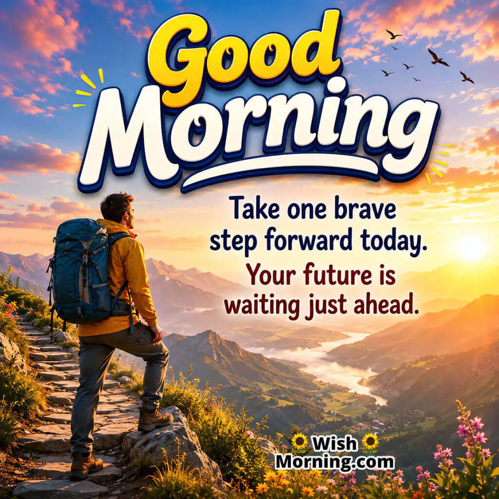 Good Morning Journey and Success Inspirational Quote featuring traveler taking first step on a mountain trail at sunrise symbolizing progress and new beginnings