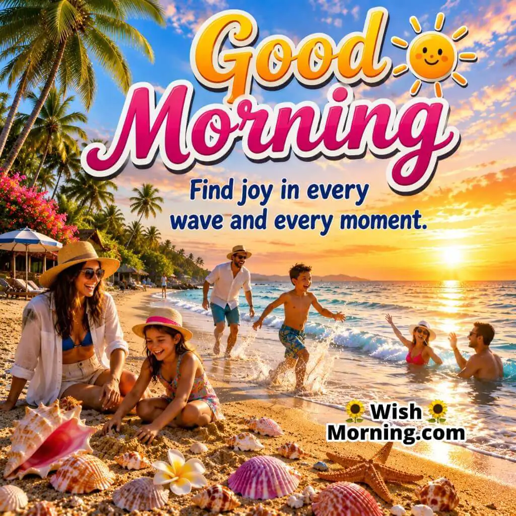 Good Morning Joyful Tropical Ocean Quote featuring gentle waves on a tropical beach at sunrise symbolizing happiness and appreciation