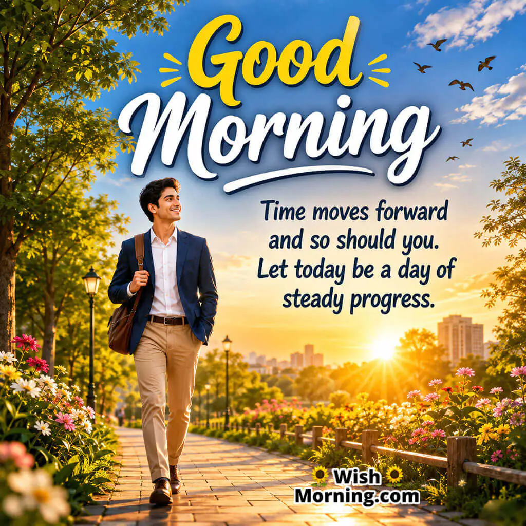 Good Morning Keep Moving Forward Quote featuring person walking on sunrise pathway symbolizing persistence and growth