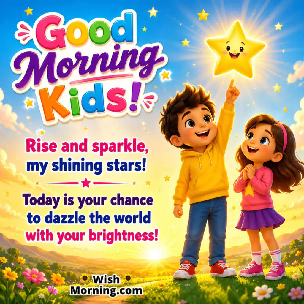 Good Morning Kids Shining Stars Image featuring cheerful children pointing at a glowing star during sunrise symbolizing positivity, confidence and bright dreams.