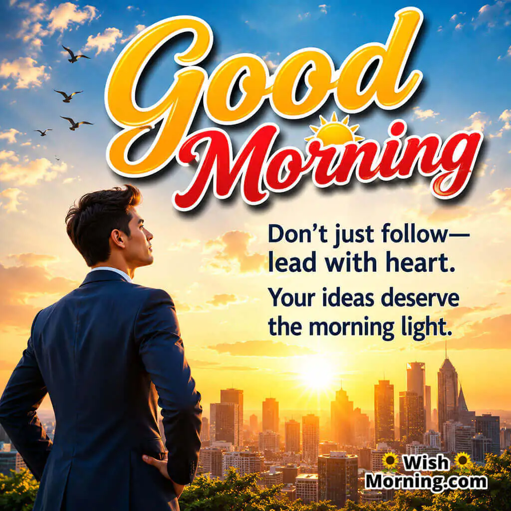 Good Morning Leadership and Confidence Quote featuring confident person before sunrise skyline symbolizing originality and courage